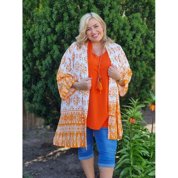 Kimono PLUSSIZE , valkoinen oranssikuviot