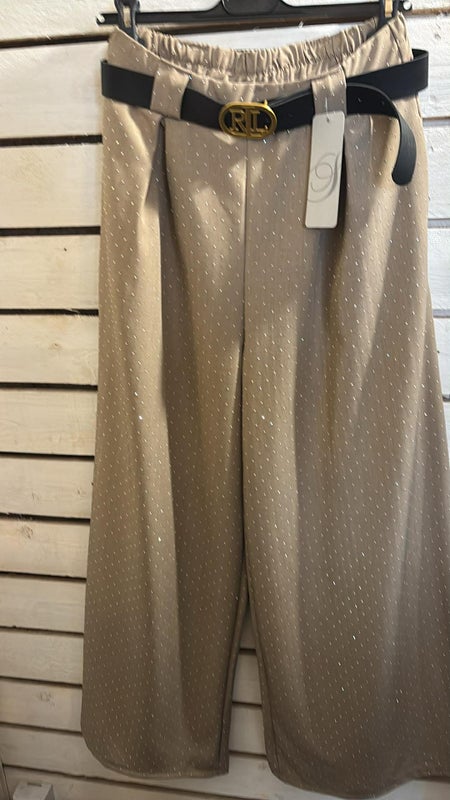 Housut vy&ouml;ll&auml; ja pienill&auml; hopeasomisteilla taupe